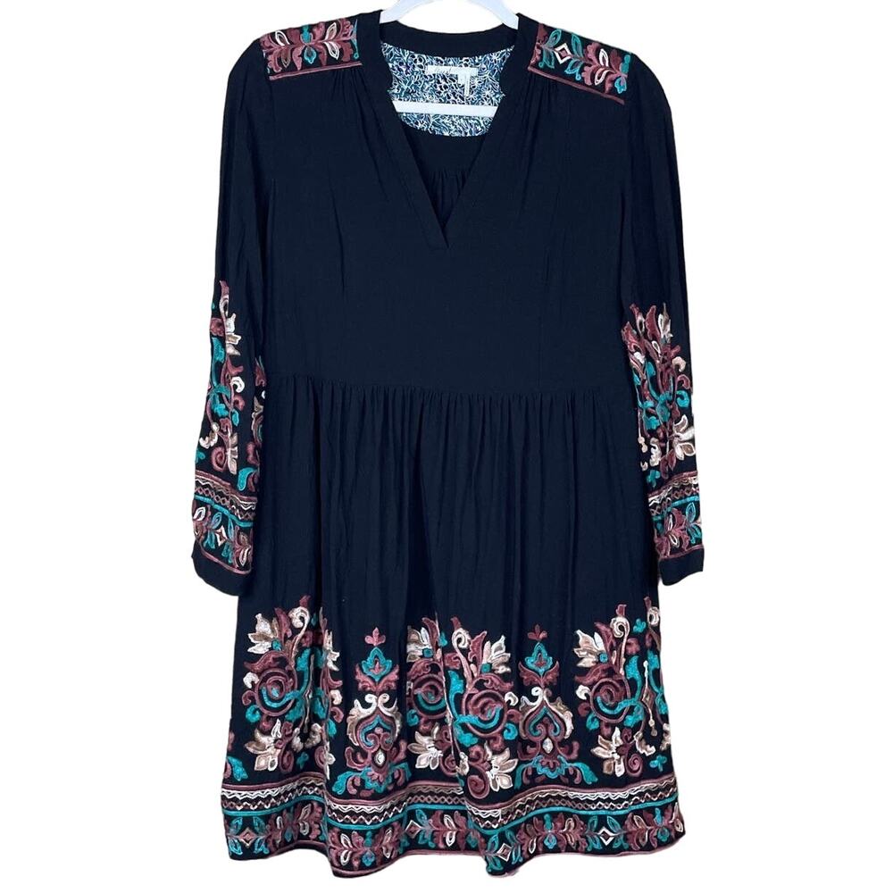 Anthropologie Floreat Avery Dress Embroidered Long Sleeve V-Neck Black SZ Small